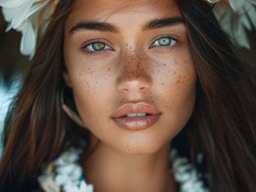 Person wearing floral crown and necklace.