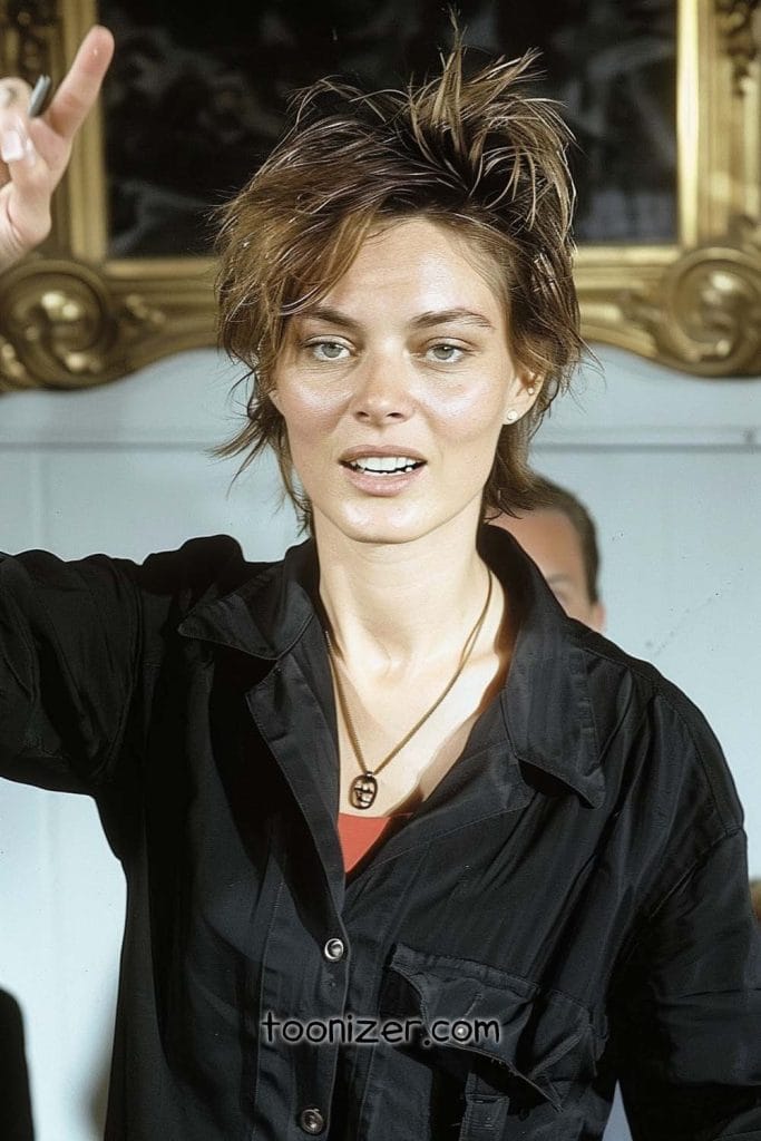 Person with short hair and black shirt gestures.