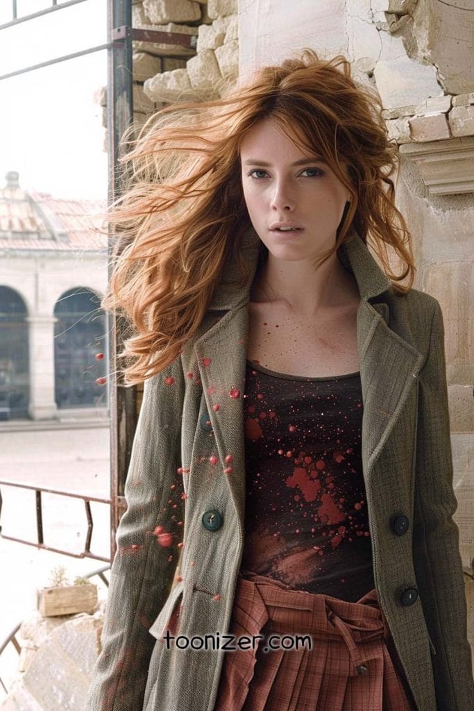 Woman standing outside, wearing a coat, windblown hair.