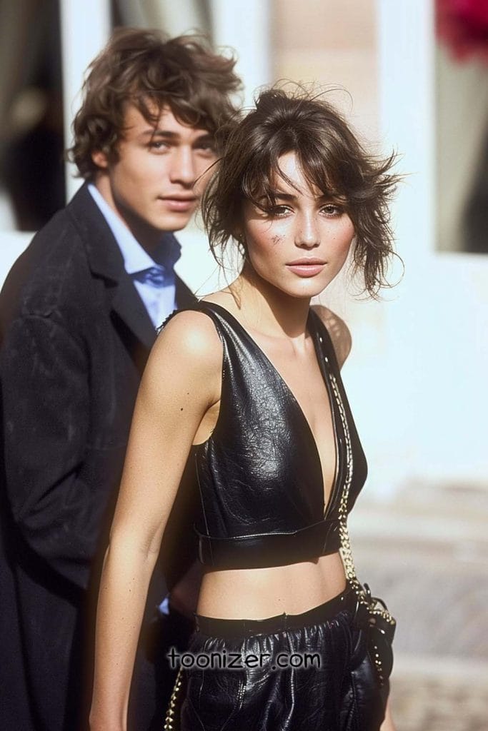 Stylish couple in fashionable black outfits outdoors.