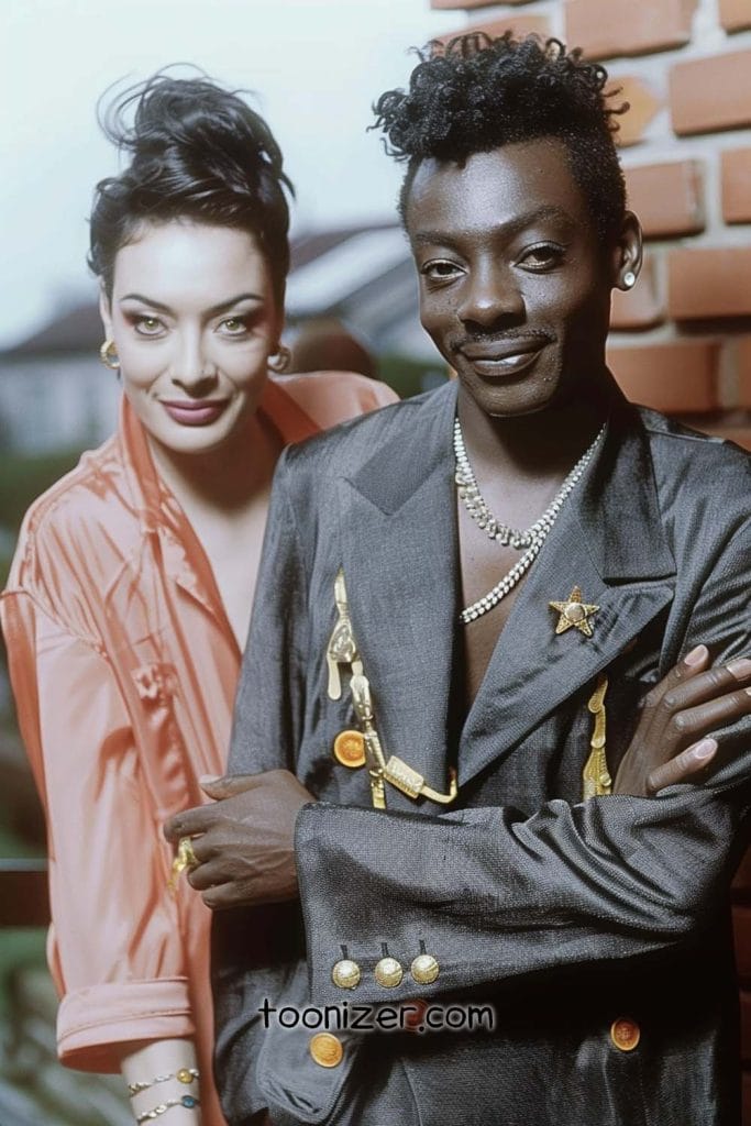 Stylish couple posing by brick wall