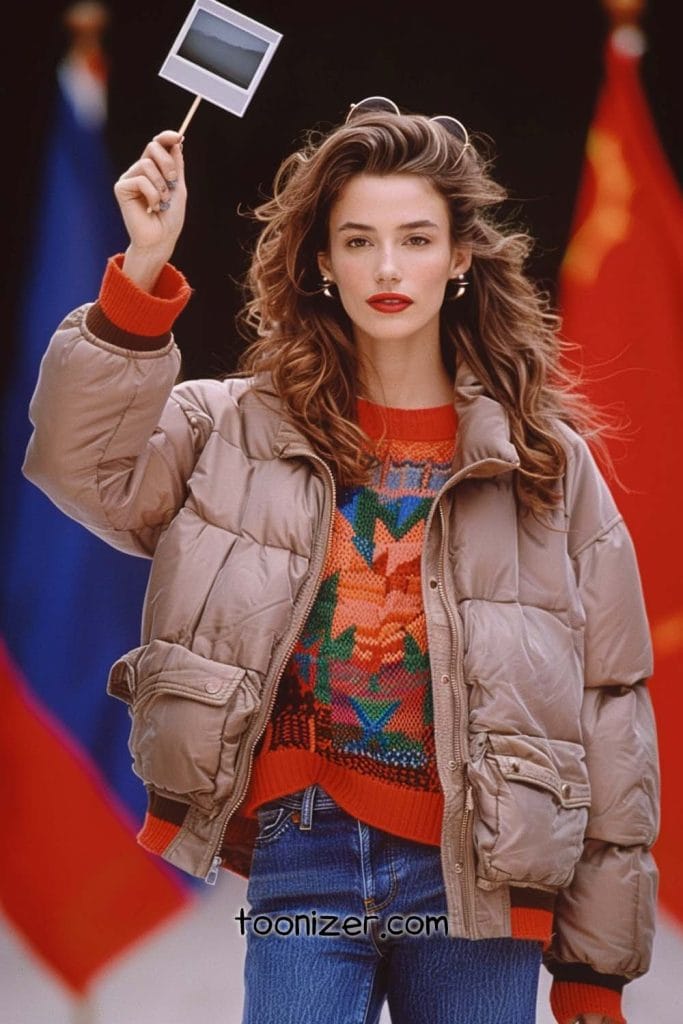 Woman with photo in winter clothing.