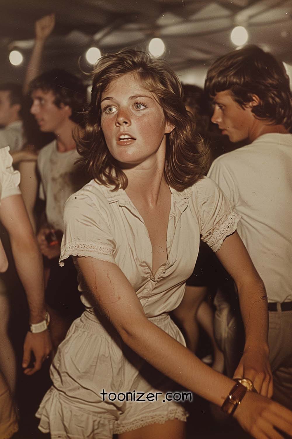 Young woman dancing energetically at crowded event.