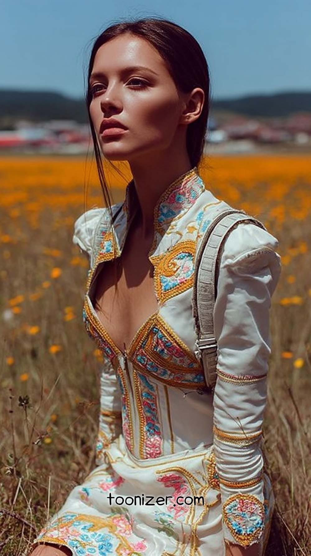 Woman in embroidered dress in a field