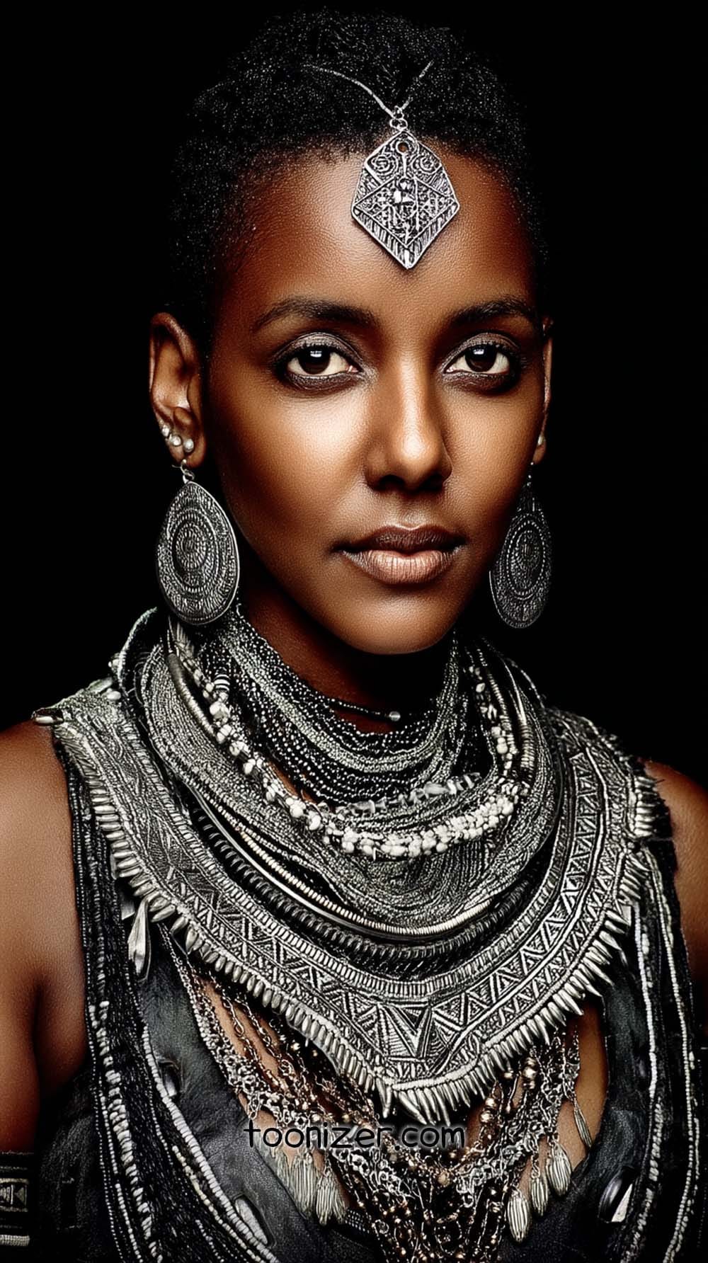 Person wearing ornate silver jewelry on black background.