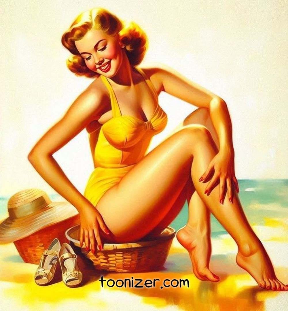 Vintage pin-up girl in yellow swimsuit on beach.