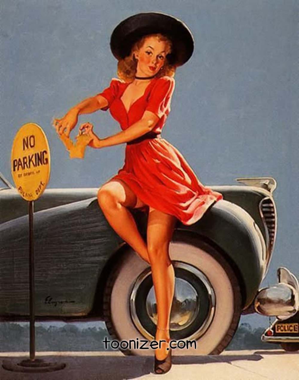 Vintage pin-up disrupting no-parking sign near car.