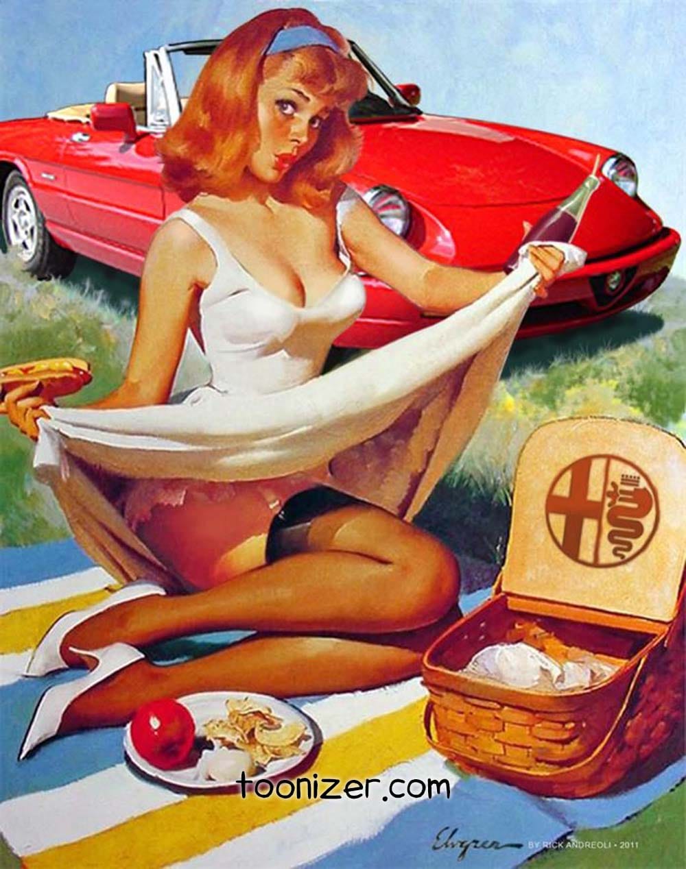 Pin-up picnic with red convertible backdrop