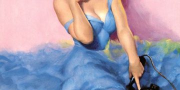 Vintage pin-up woman with rotary phone