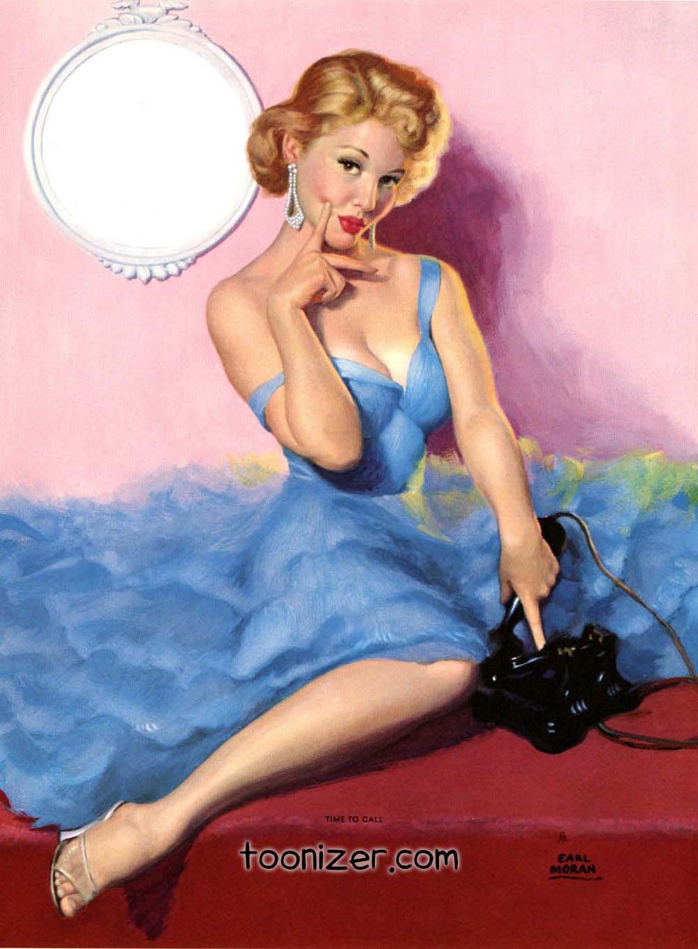 Woman in blue dress with vintage phone.