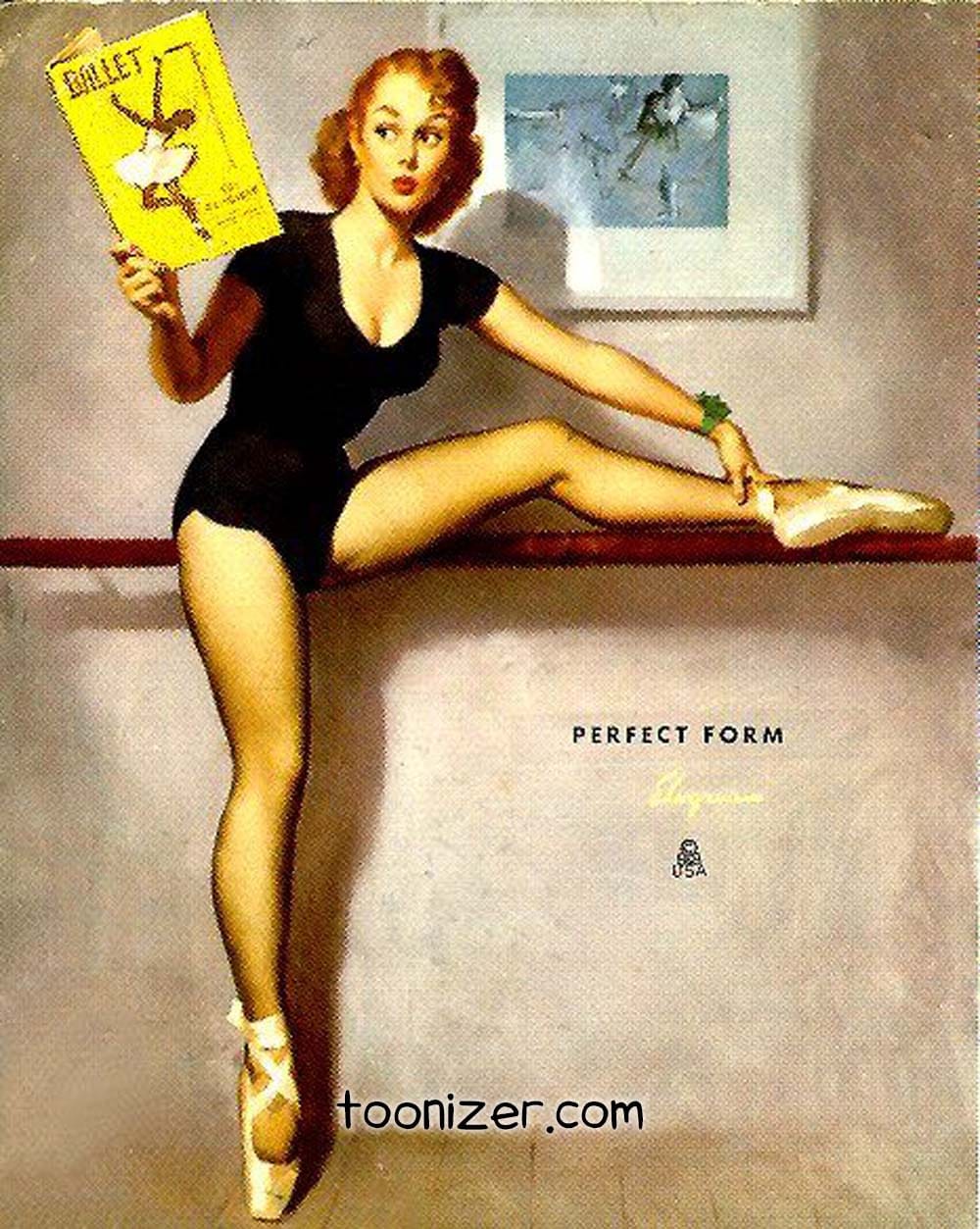 Pin-up dancer reading ballet book by barre wall.