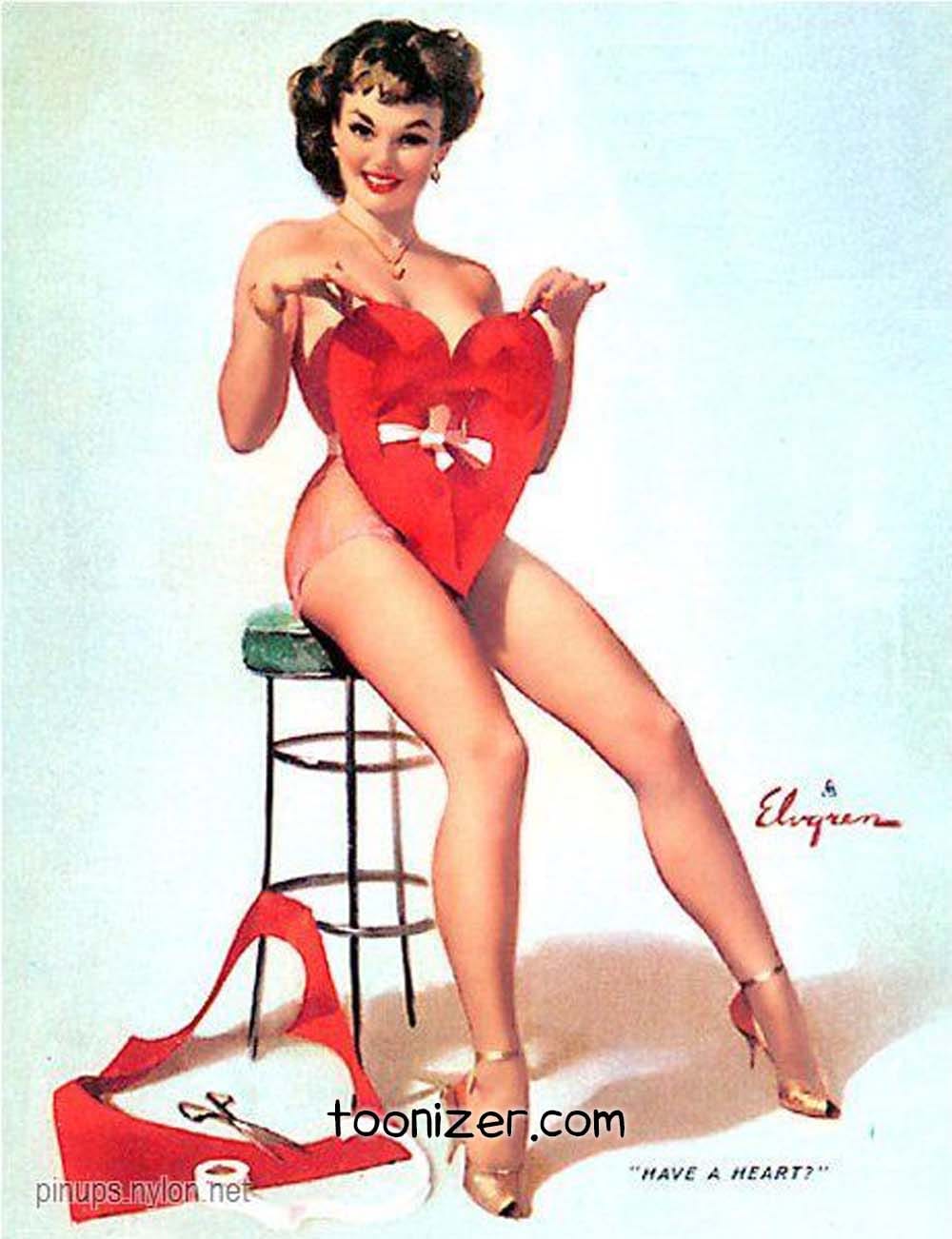 Vintage pin-up girl with heart-shaped card.