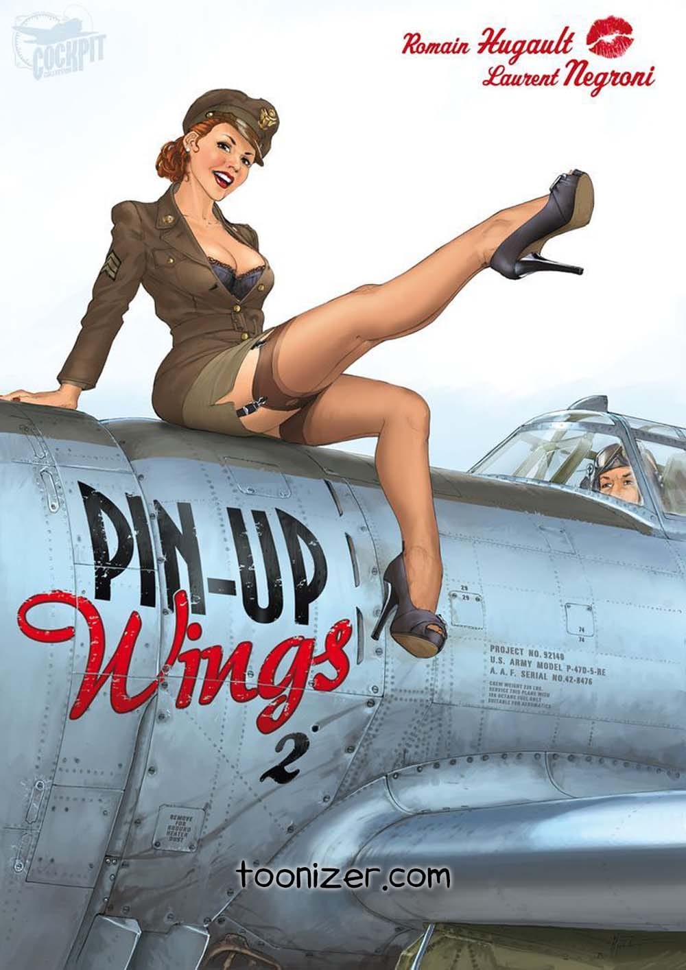 Pin-up girl sitting on airplane wing, smiling.