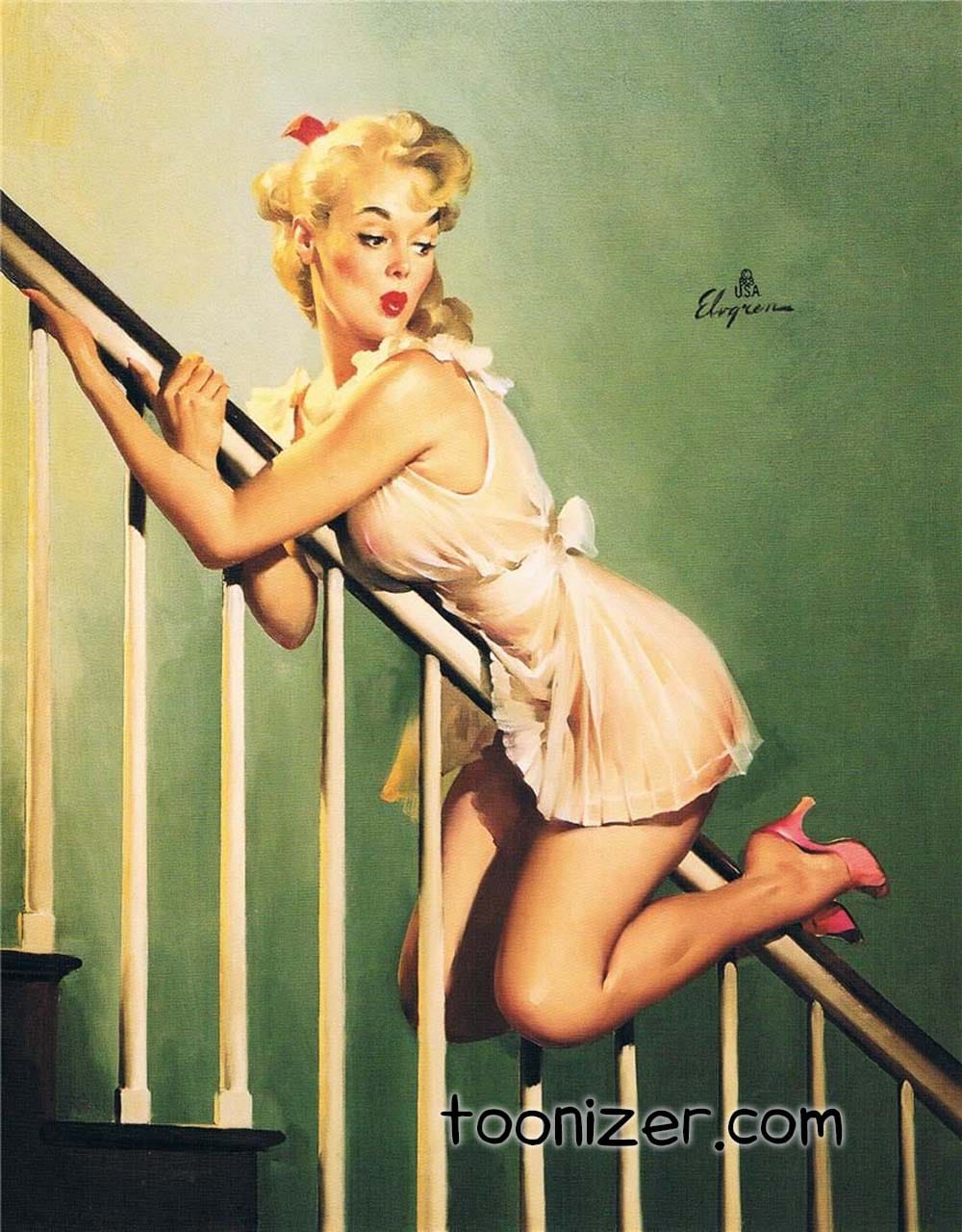 Pin-up girl posing on staircase