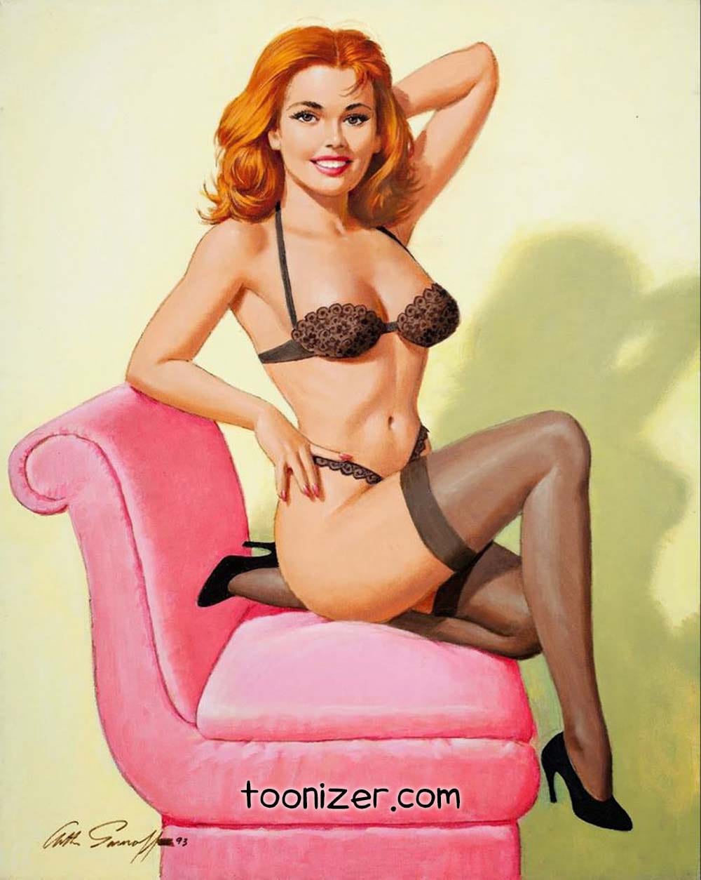 Vintage pin-up girl on pink chair illustration.