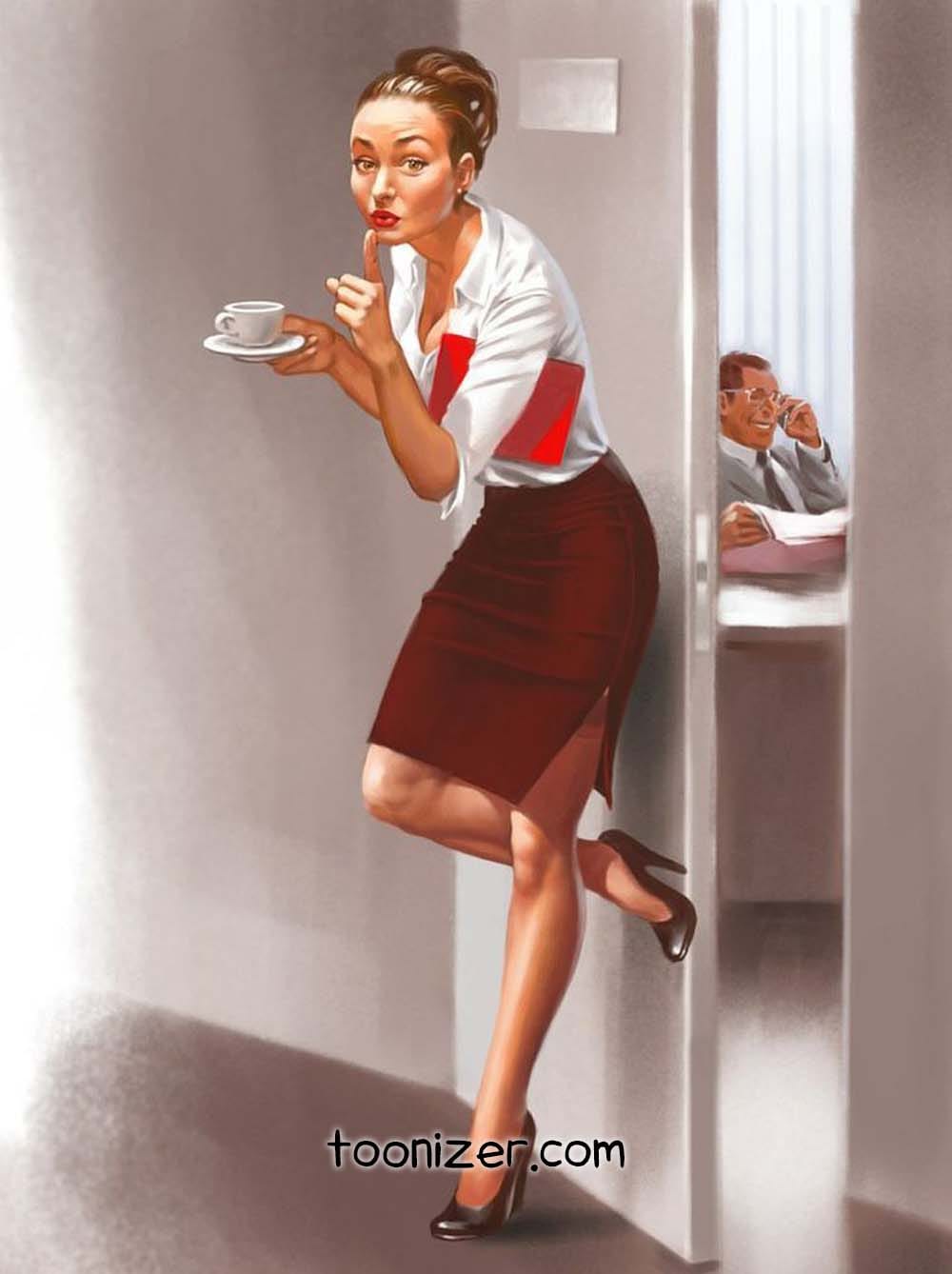 Woman sneaking coffee at office, man in background.