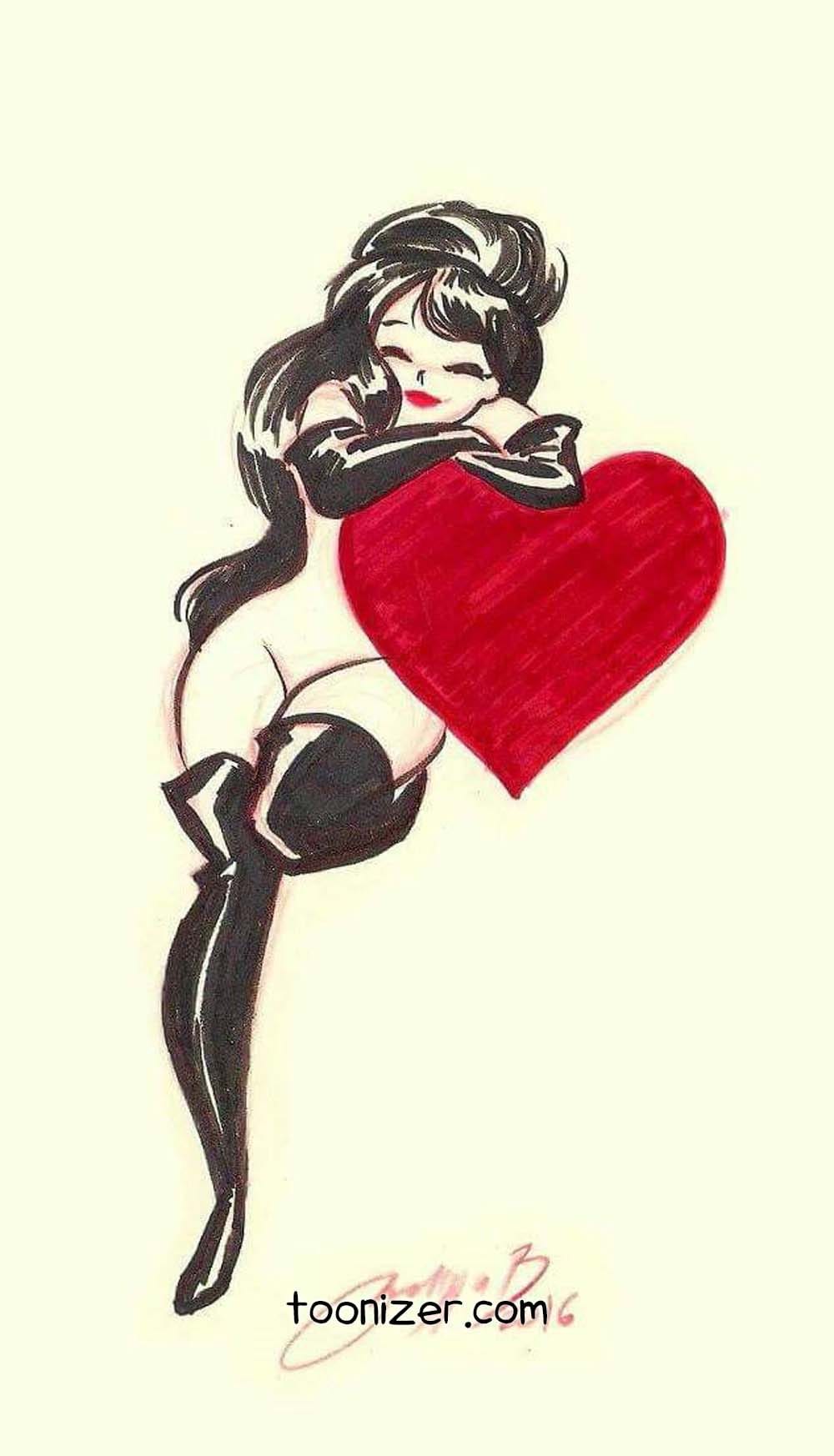 Cartoon woman hugging large red heart