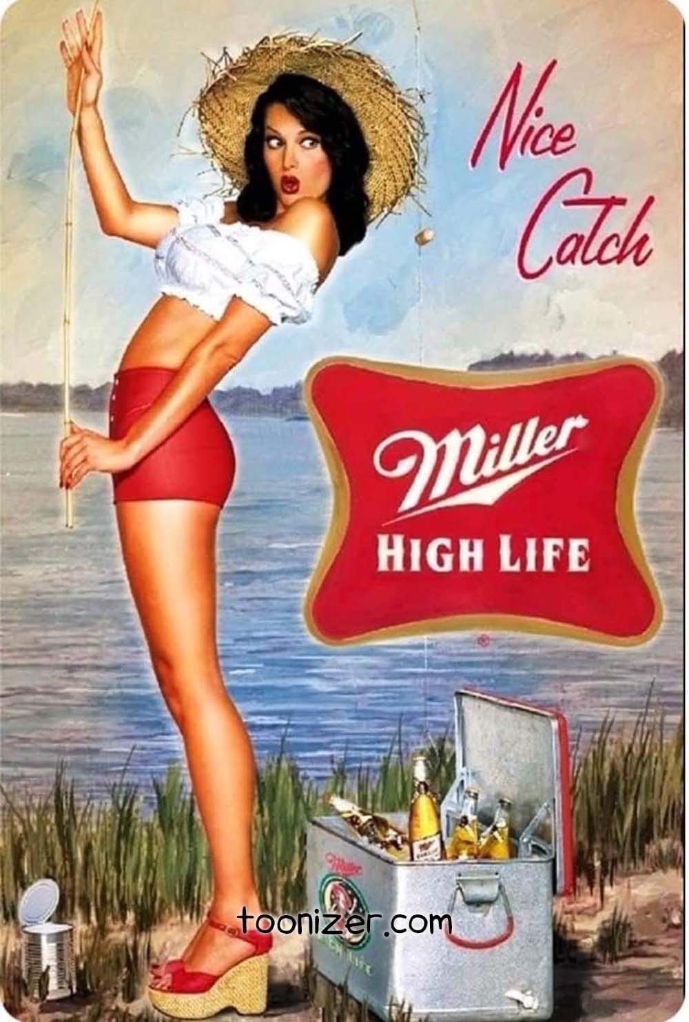 Pin-up woman fishing, Miller High Life ad.