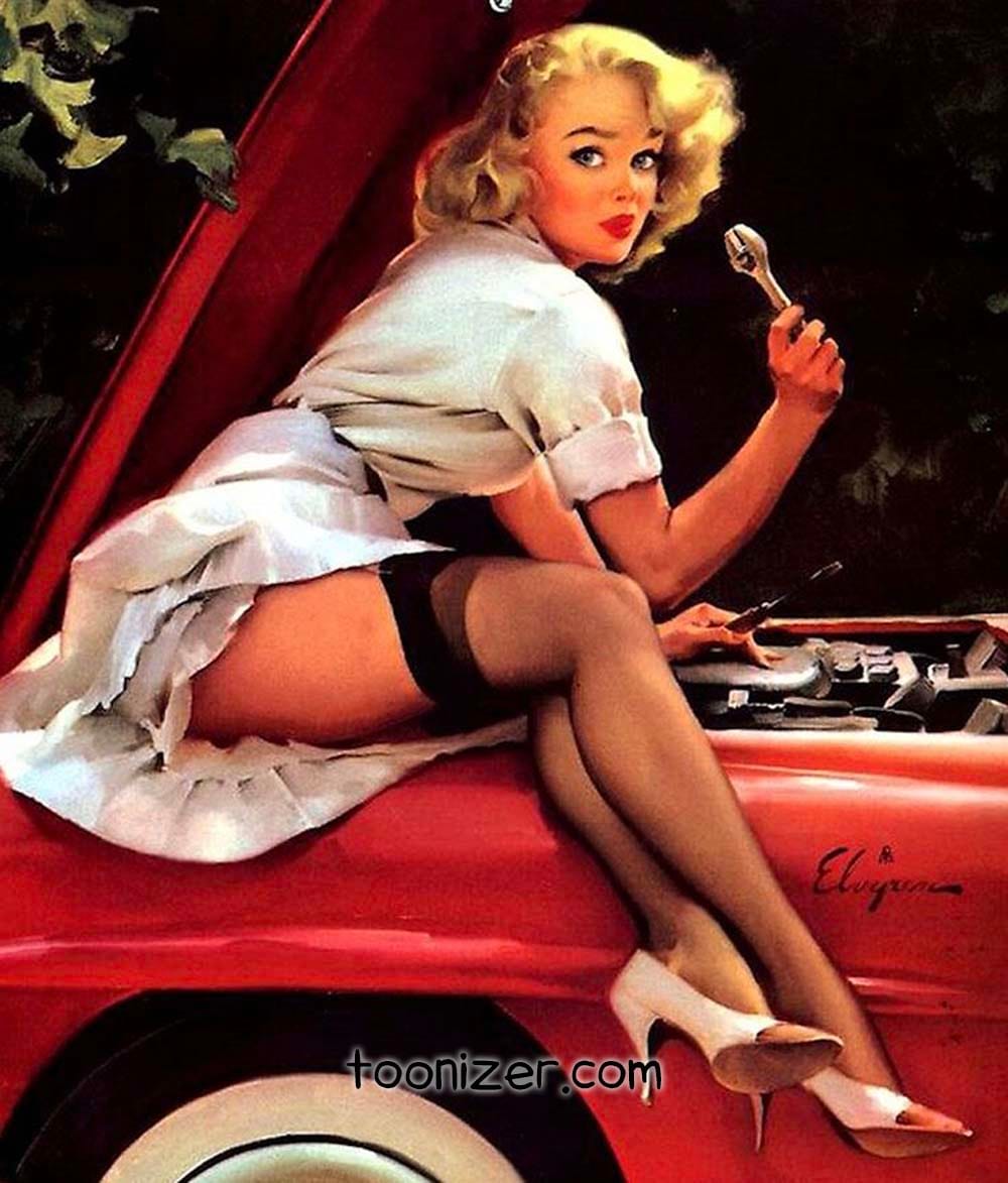 Woman with wrench on red car.