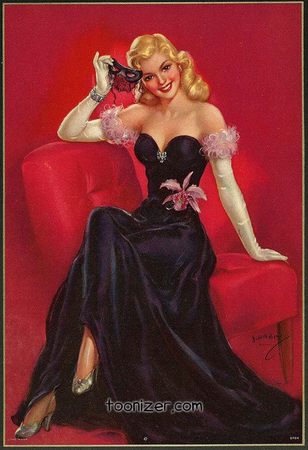 Vintage pin-up woman in elegant evening gown.