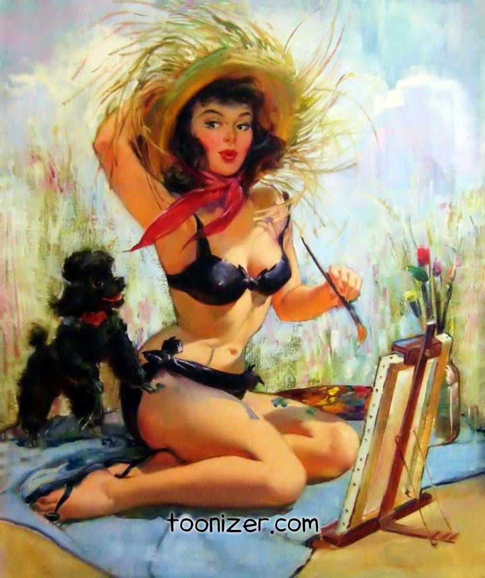 Woman in bikini painting with black dog