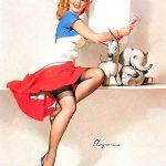 Pin-up girl encouraging voting with animals.