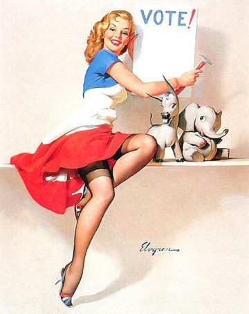 Pin-up girl encouraging voting with animals.