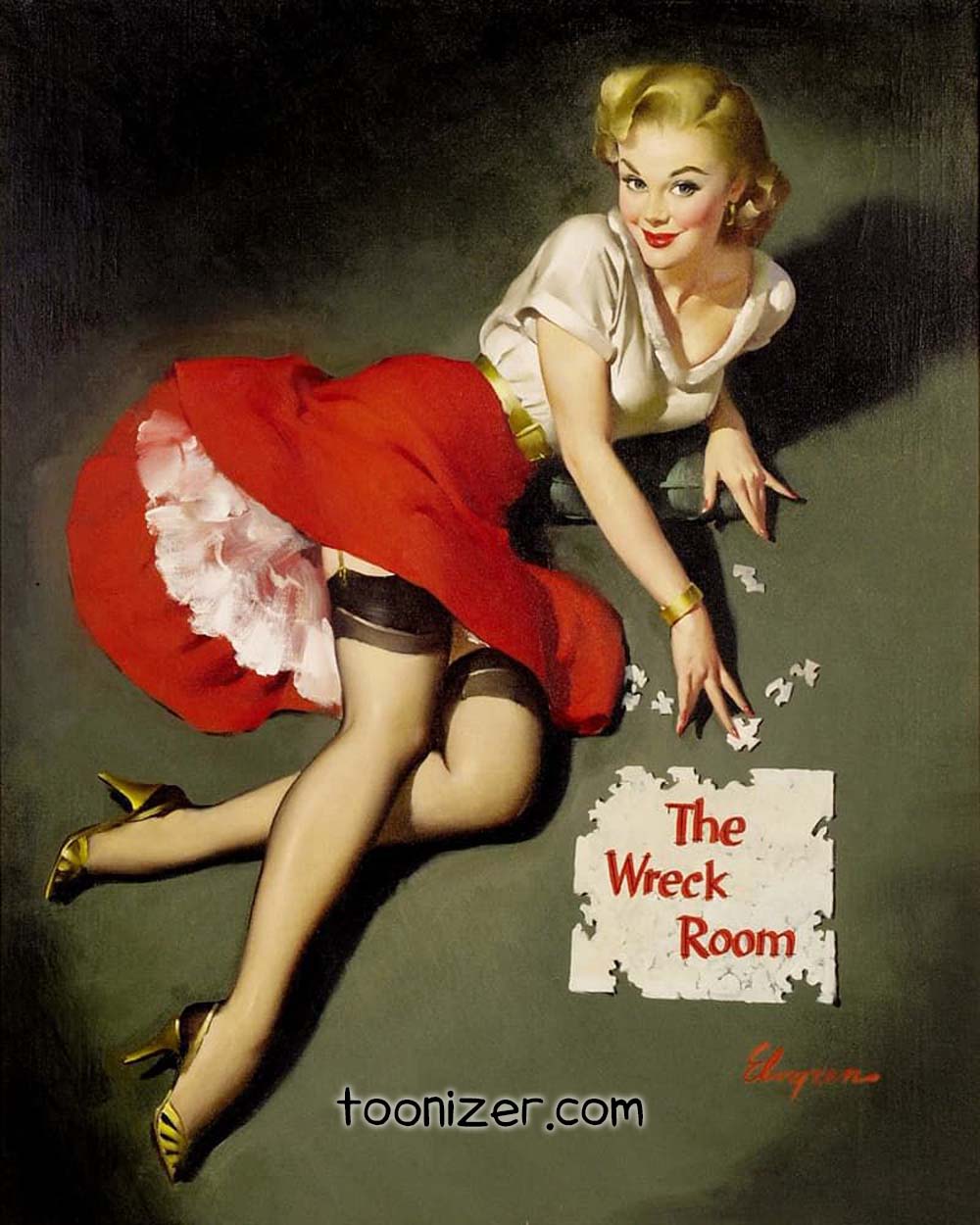 Vintage pin-up art titled The Wreck Room.