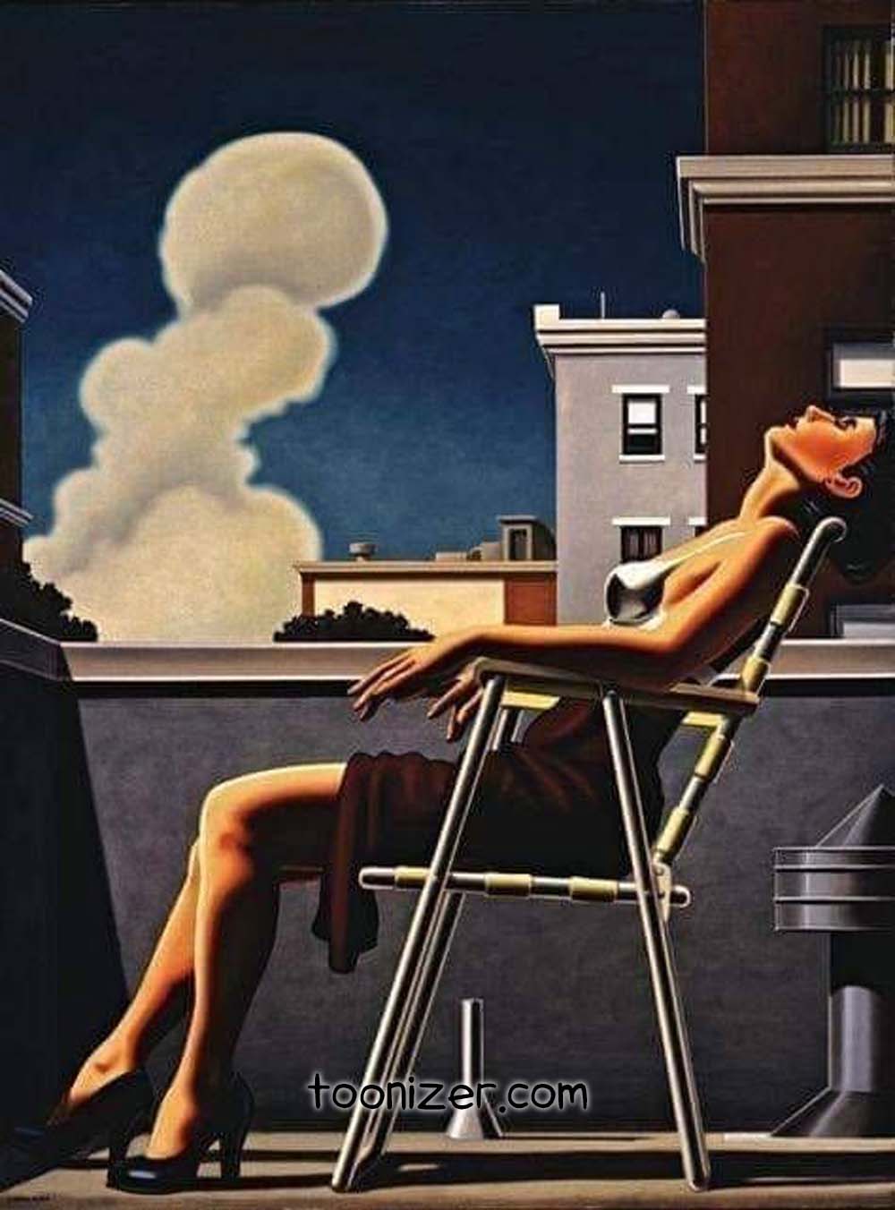 Woman sitting on rooftop with cloudy sky background.