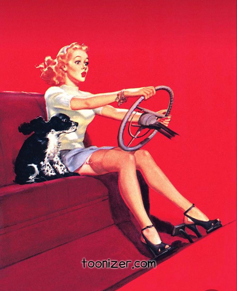 Vintage pin-up girl with dog and steering wheel.