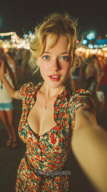 Person taking a selfie at a lively night market.