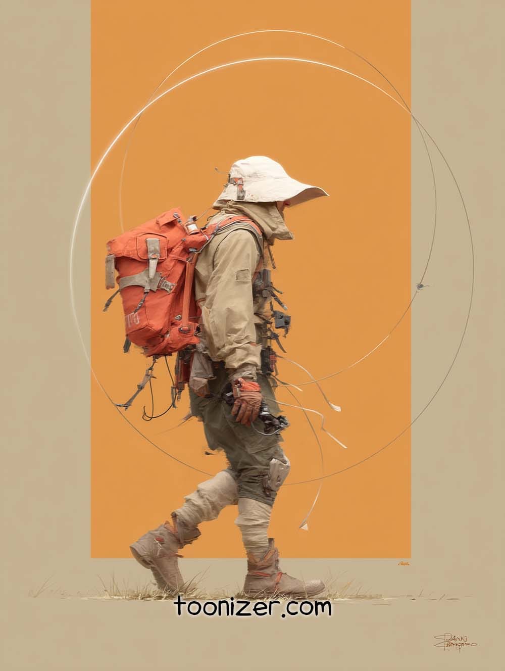 Explorer in gear with backpack against orange background.