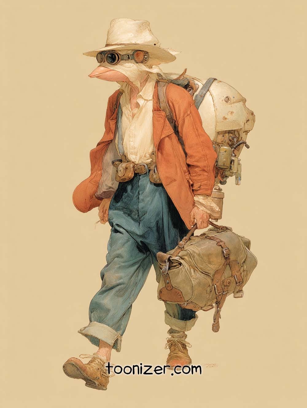 Duck character with backpack and goggles, vintage style.