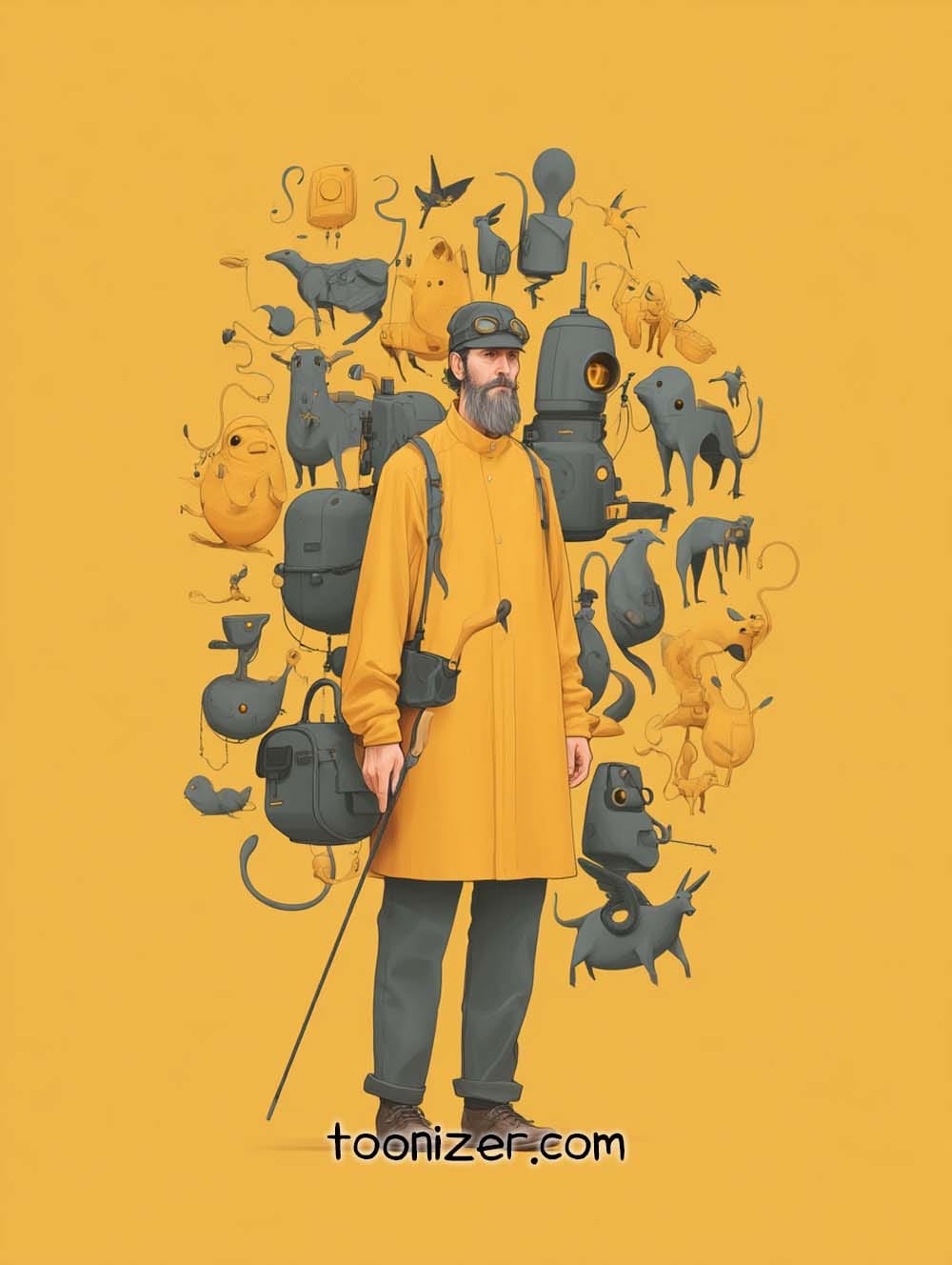 Man in yellow coat with whimsical creatures