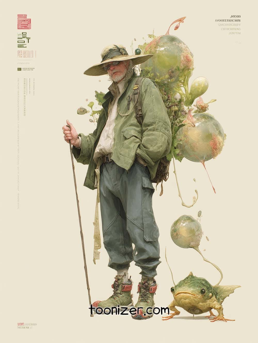 Man with nature-inspired backpack and small creature