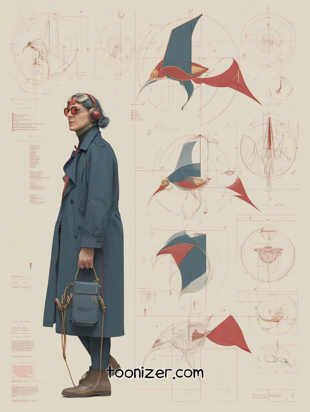 Steampunk fashion meets geometric bird sketches.