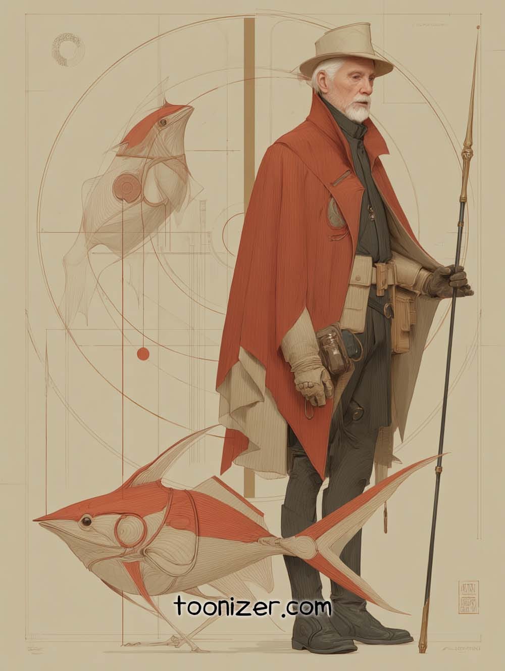 Stylish elderly man with fantasy fish illustration.