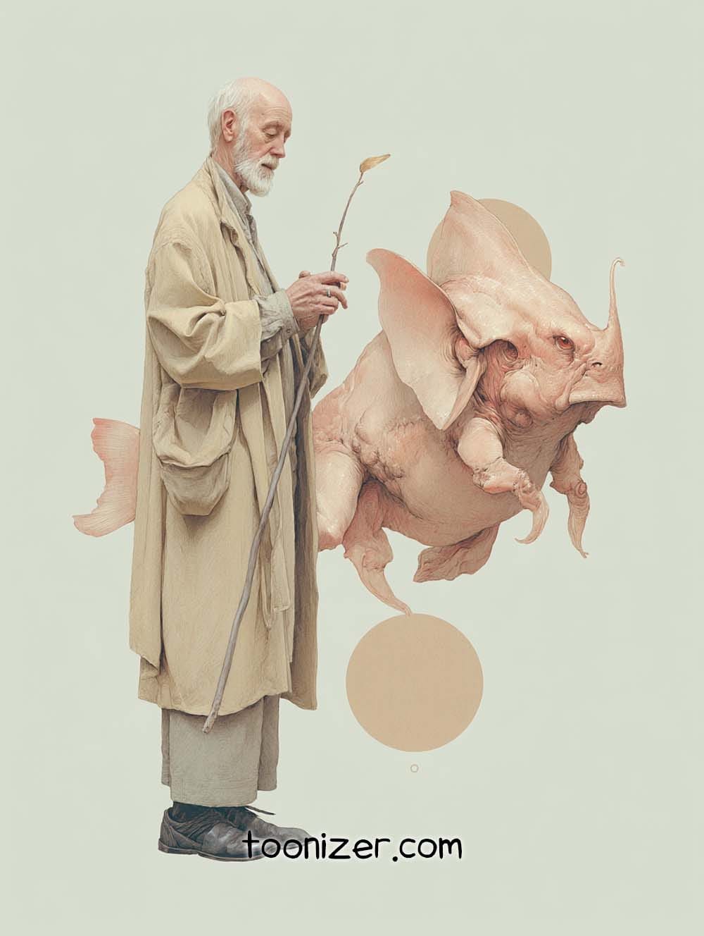 Elderly man with fantasy creature and staff.