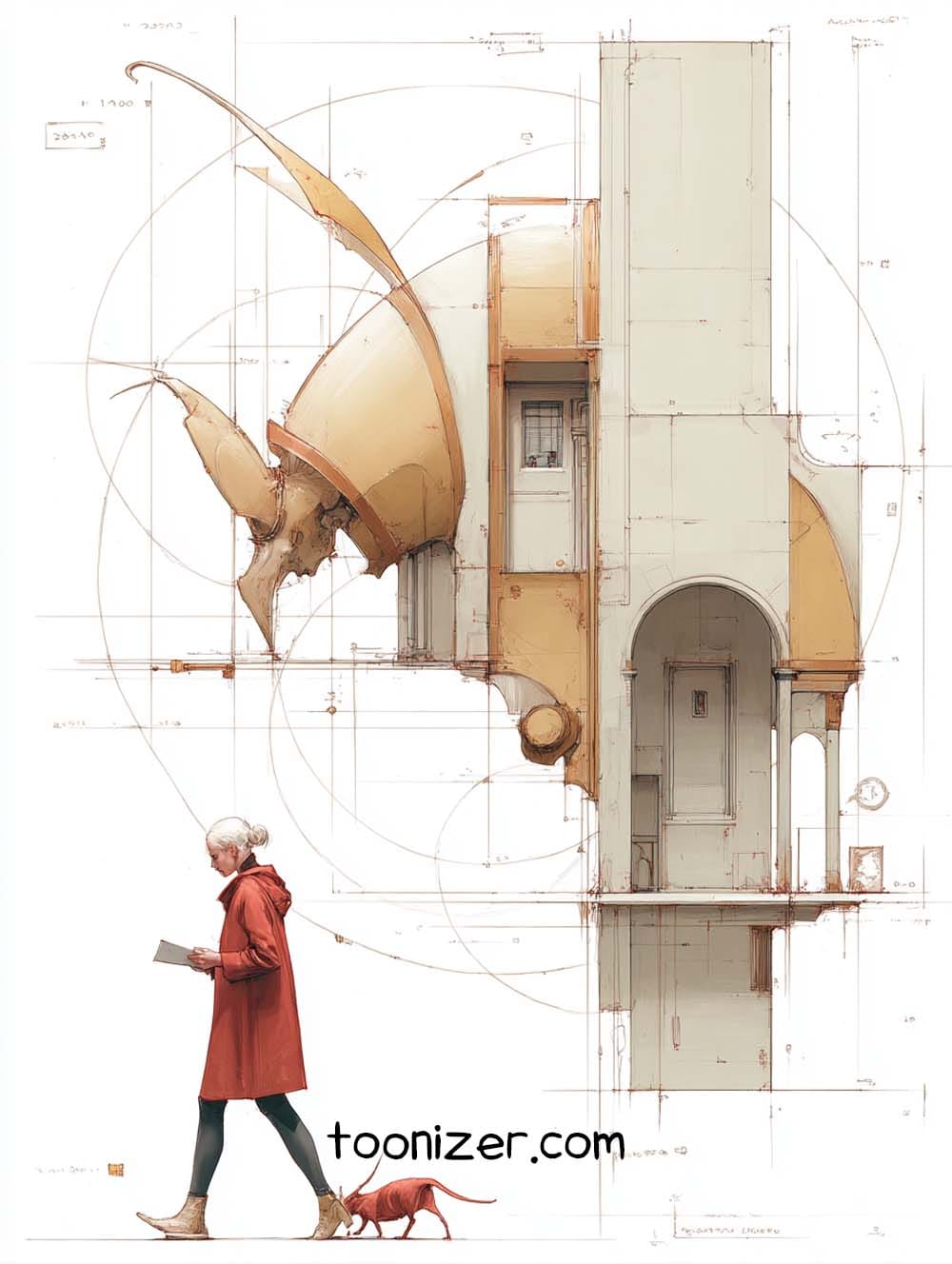 Surreal architecture with woman and cat walking