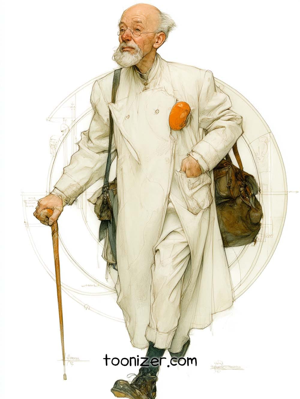 Elderly man in white coat with cane and bag.