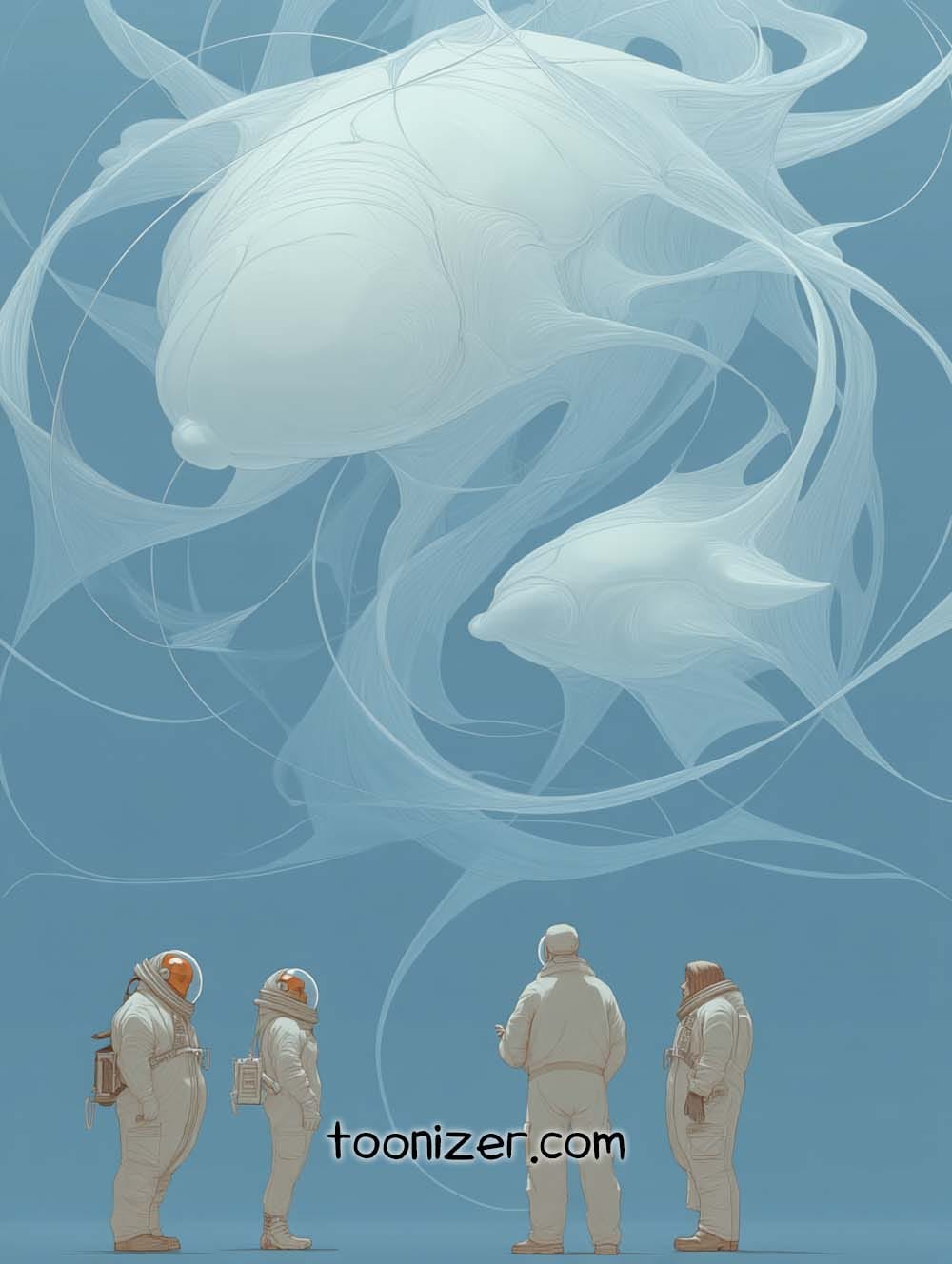 Astronauts observing ethereal floating creatures in space.