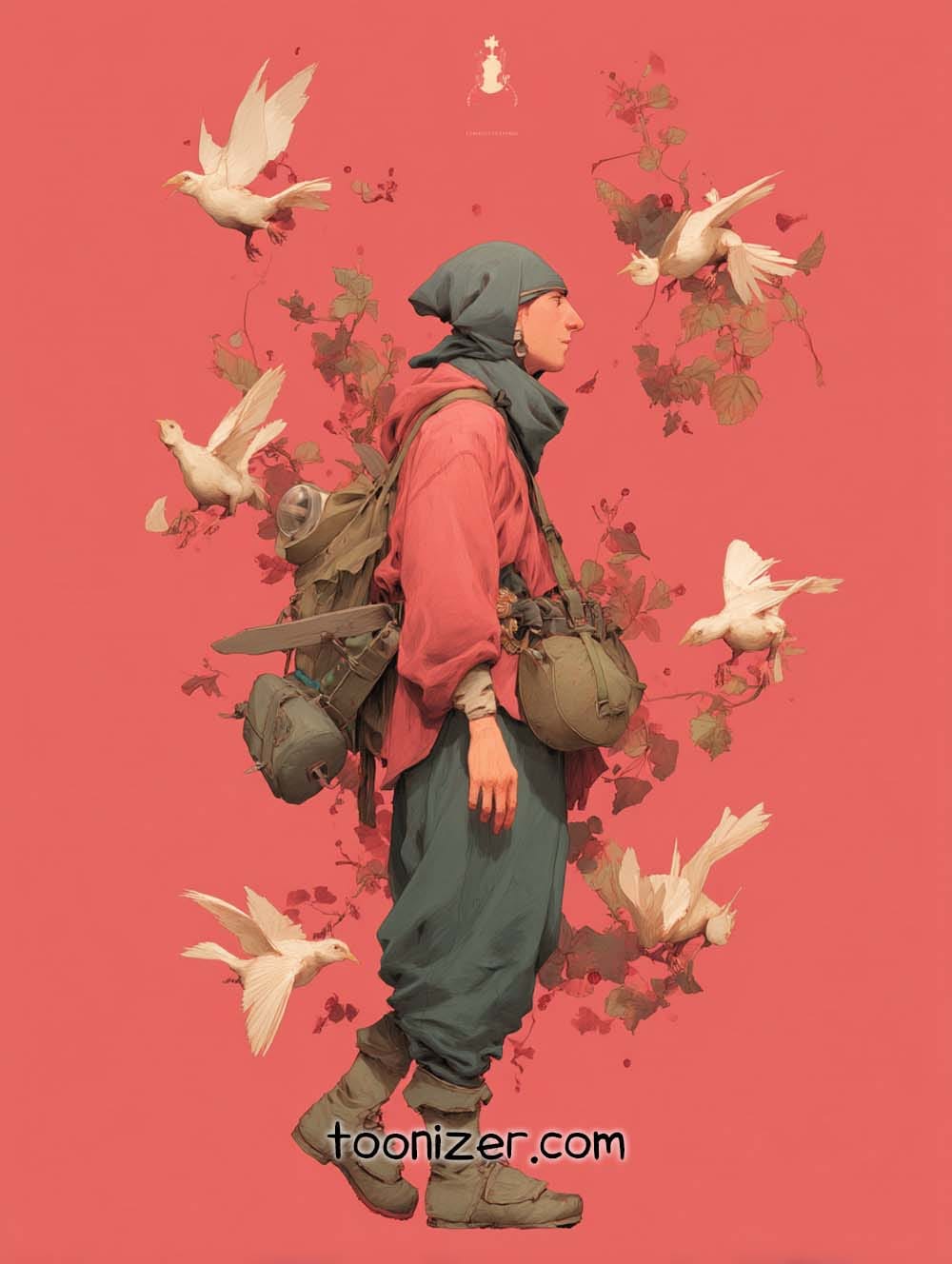 Person with backpack surrounded by white birds.