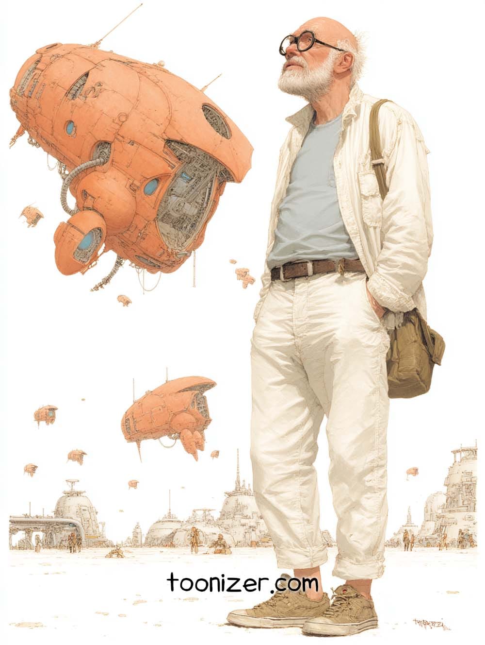 Man with futuristic flying machines in desert landscape