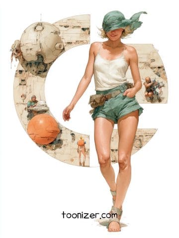 Stylized woman walking with futuristic machinery background.