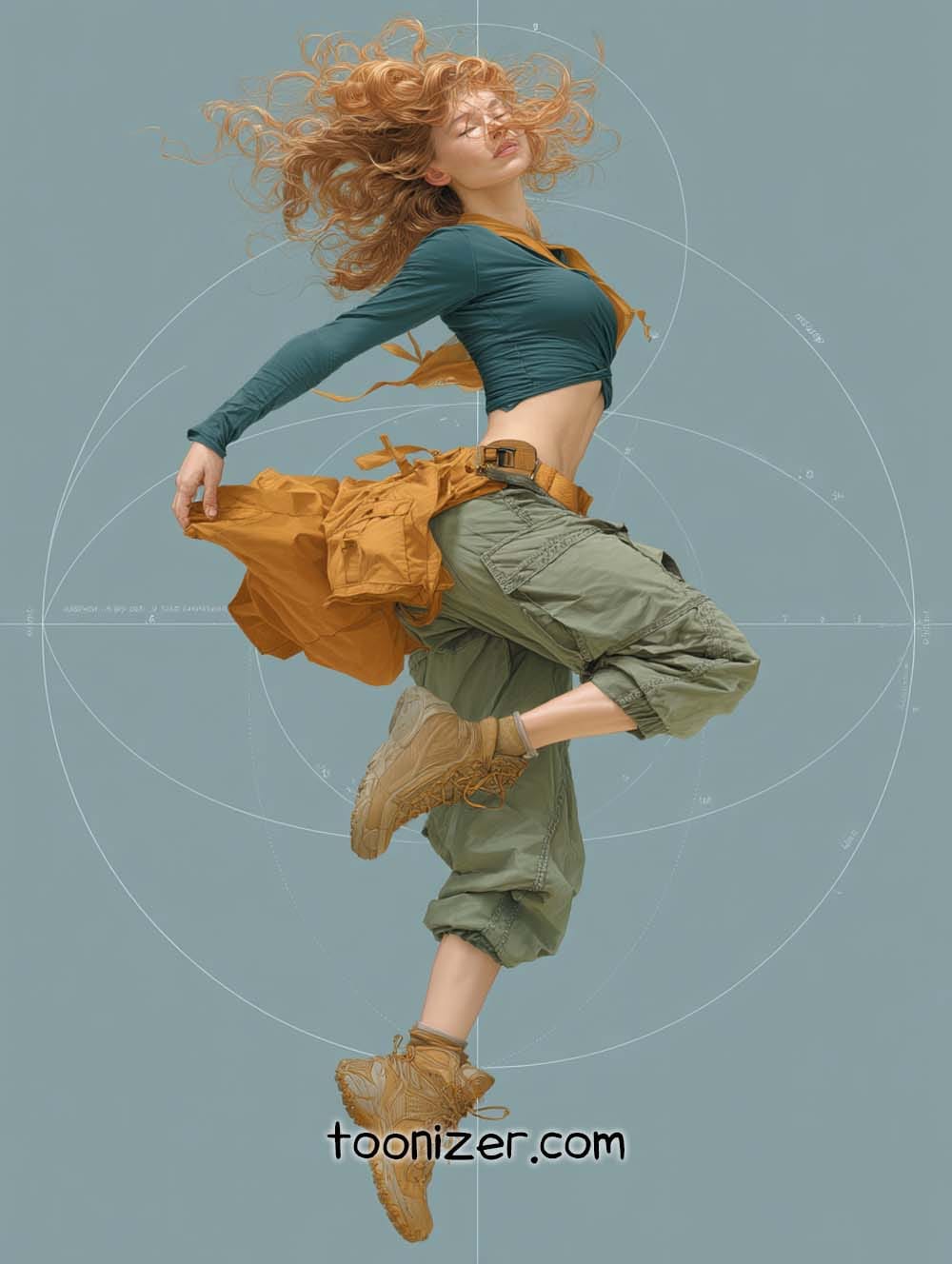 Energetic dancer mid-air pose with graphic background.