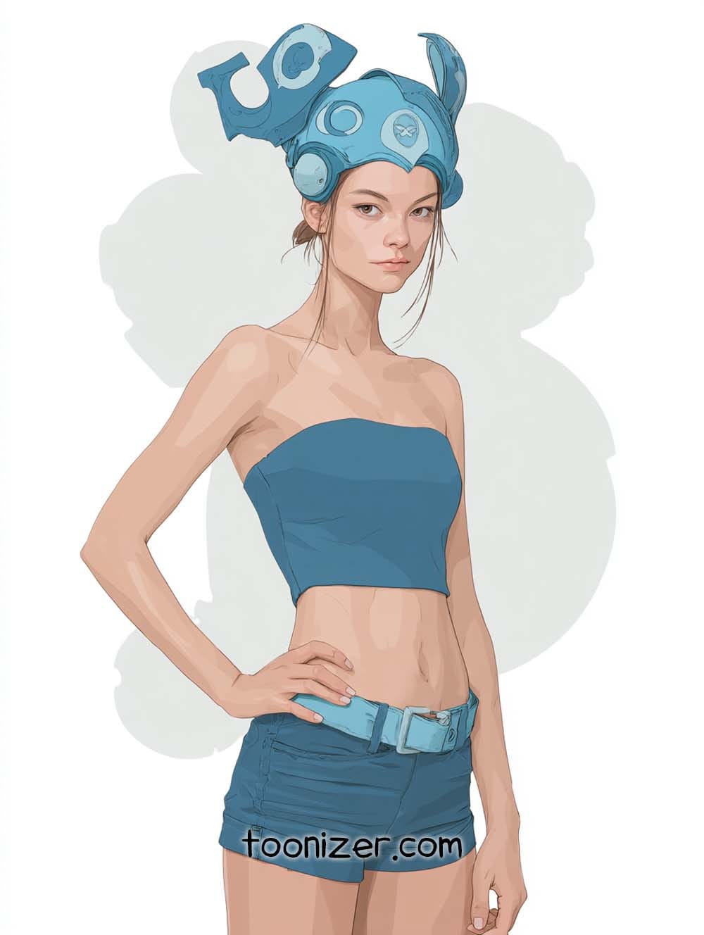 Illustration of woman in blue costume and hat.