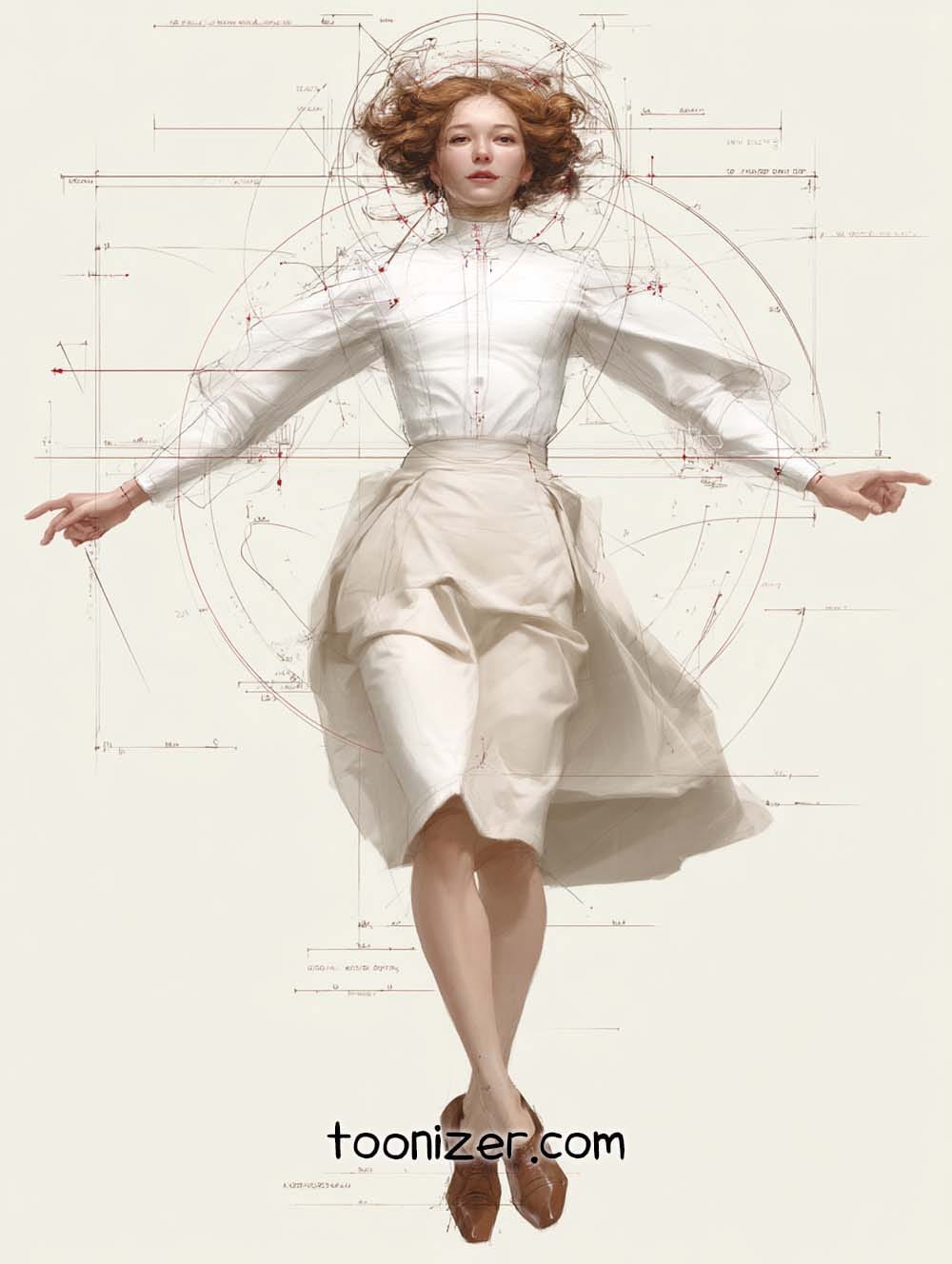 Woman in Vitruvian pose with technical drawings.
