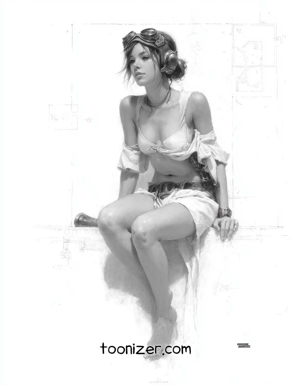 Steampunk woman sitting with goggles and casual outfit.
