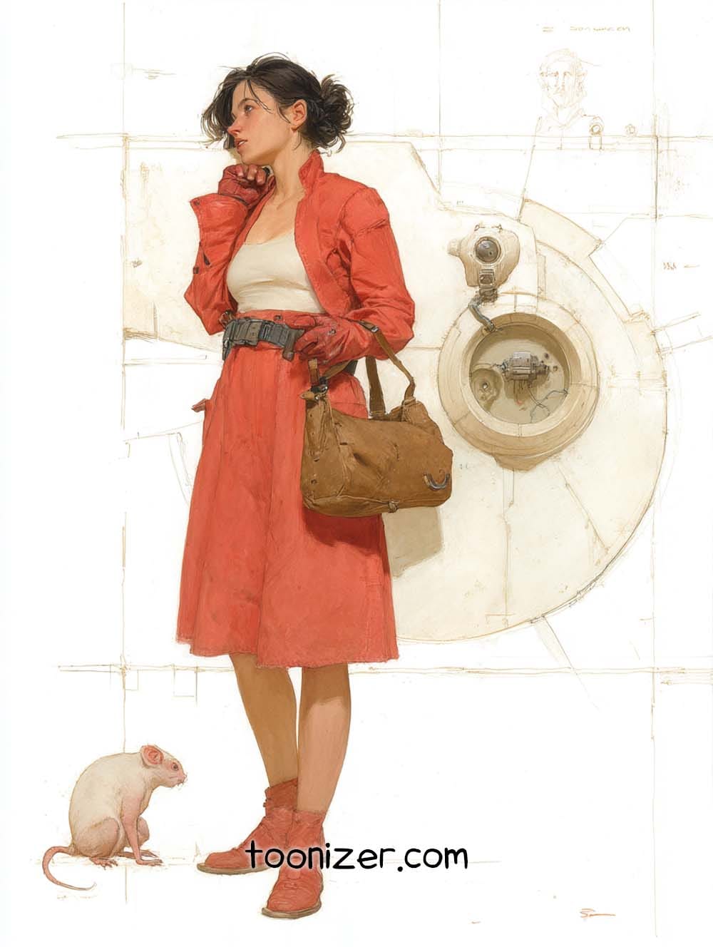 Woman in red coat with rat and machine