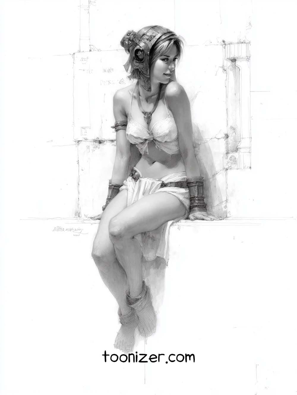Sketch of a woman sitting on a ledge.